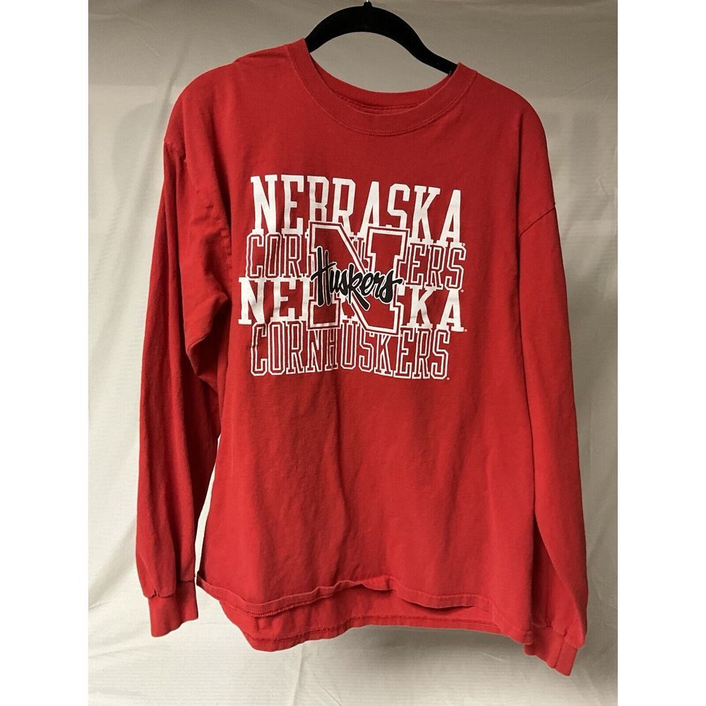 Nebraska Gildan Red Sleeve Long Sleeve T‎ Shirt Cornhuskers Large 100% Cotton